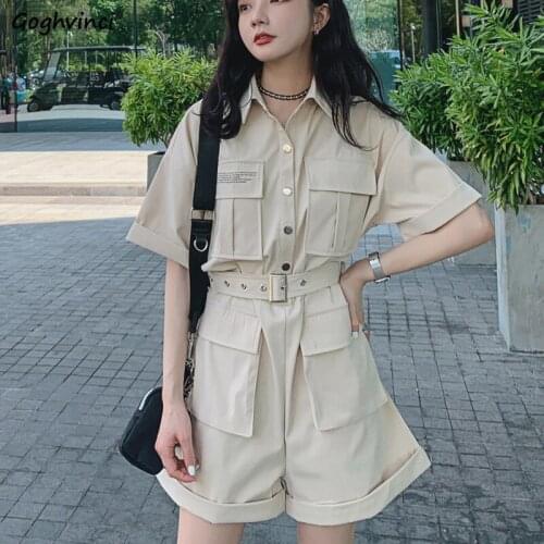 Rompers Women Multi-pockets Retro Short Sleeve Casual Fashin Button Up Playsuits Streetwear Womens Hip-hop Ins Print Trousers