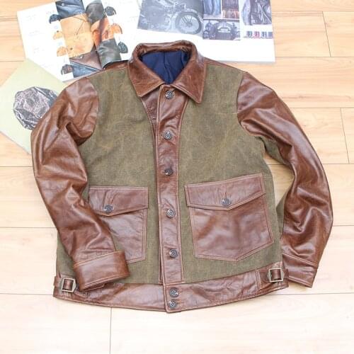 YR!Free shipping.2021 Japan brand genuine leather jacket.classic casual Canvas stitching coat.brown vintage slim cowhide clothes