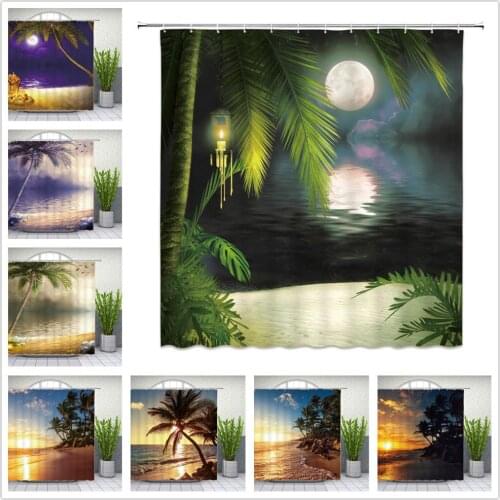 Landscape Shower Curtains Island Coconut tree Green plants Beach Bathroom Decor Home Bathtub Waterproof Polyester Curtain Set