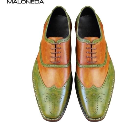 MALONEDA Genuine Leather Handmade Goodyear Shoes Brogue Carved Lace-up oxfords Men Dress shoes Business Wedding Shoes