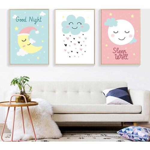 Cartoon Rabbit Sun Moon Cloud Nursery Wall Art Pictures Posters Prints for Kids Baby Room Decor Canvas Painting Home Decoration