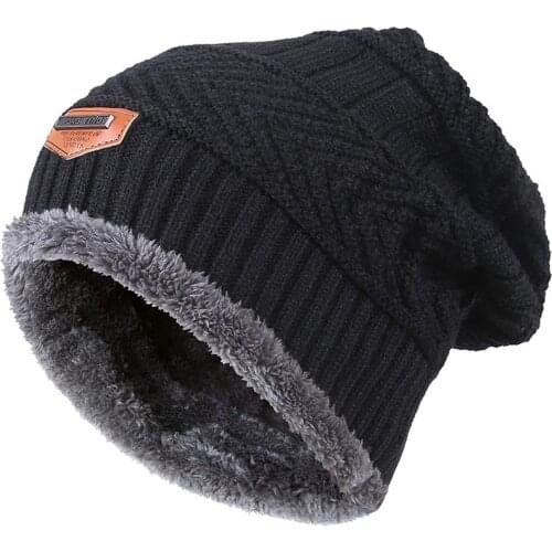 Men Warm Winter Knitted Beanie Hat Fleece Sullies Cap Black Male Casual Thick Soft Head Warmer