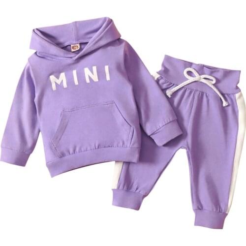 New Baby Sports Suit Hooded Sweater + Trousers, Elastic Waist with Pocket MINI Letter Print Spring Clothing