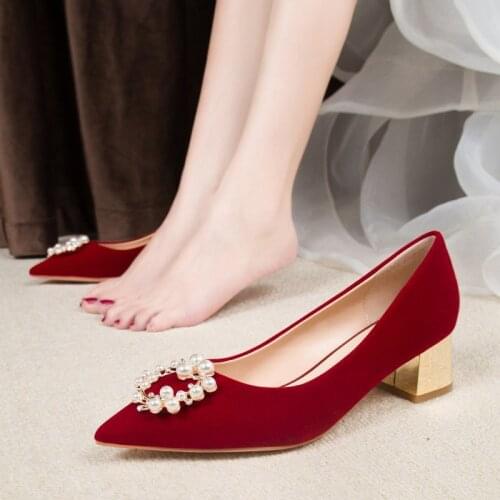 Okkdey Womens thick-heel wedding shoes 2021 early spring new Chinese bridal shoes red Xiuhe dress bridesmaid shoes