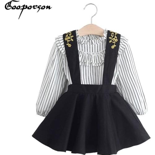 Girls Autumn Clothes Set Fashion Striped Blouse Shirt &flower Embroidery Overall Skirt Children Clothing for Kids Baby Outfits
