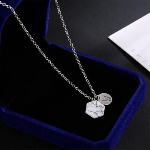 Rose Gold Alloy Letter Necklaces For Women Geometric Round Stone Pendant initial Necklace Girl Choker Marble Jewelry Gift