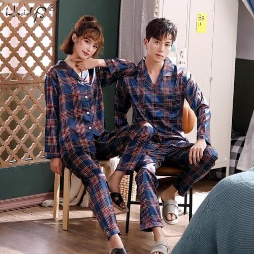 Couple Silk Satin Pajamas Pyjamas Set Long Sleeve Sleepwear Pijama Pajamas Suit Women And Man Plaid Pajamas 2PC Set Loungewear