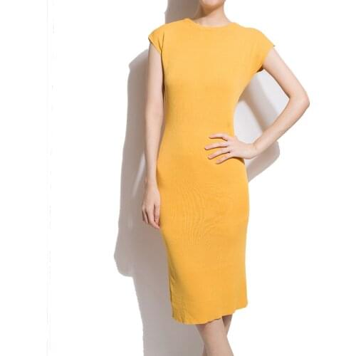 PERHAPS U Yellow Black Khaki O Neck Tank Sexy Solid Knee Knee Length Dress Empire Dress Summer D0917