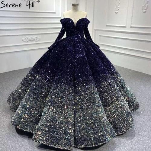 Indigo Blue Gold Luxury Elegant Wedding Dresses 2020 Long Sleeves Gradual Change High-end Bridal Gowns BHA2453 Couture