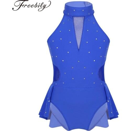 Teen Girls Rhinestone Cutout Back Mesh Splice Figure Ice Skating Dress Ballroom Child Gymnastics Leotard Ballet Dance Costumes