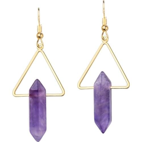 TUMBEELLUWA Hexagonal Stone Beads Gold Color Triangle Dangle Earrings Reiki Crystal Drop Earrings Charms Women Jewelry