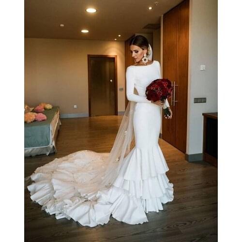 E JUE SHUNG Vintage White Wedding Dresses Scoop Neck Long Sleeves Zipper Back Simple Tiered Mermaid Wedding Gowns Bride Dresses
