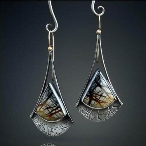 Geometric Triangle Resin Stone Vintage Dangle Earrings With Two Tones Timeless Art Deco Design Earrings Picasso Texture Jewelry