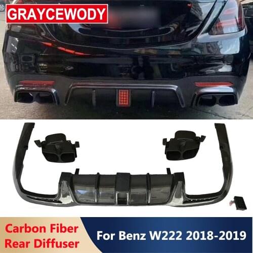 W222 Carbon Fiber Rear Bumper Lip With Muffler Tips Diffuser Protector For BENZ W222 S63 S65 AMG Body Kits 2018-2019