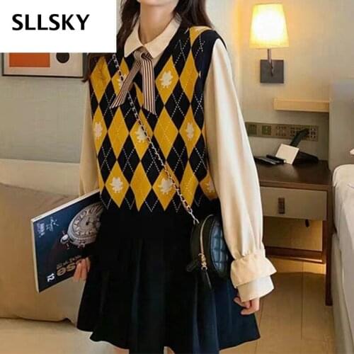 Sllsky Argyle Plaid Women Sweater Vest V-Neck Vintage Knitted Pullover Vest New Soft Korean style Loose Sleeveless tank Tops