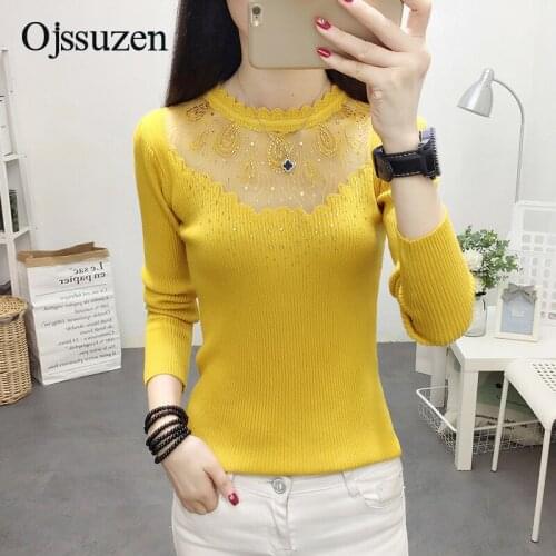 Embroidery Mesh Pullovers For Women O Neck Winter Sweaters Yellow White Knitwear Ladys Clothing Sweater Korean Diamond Female