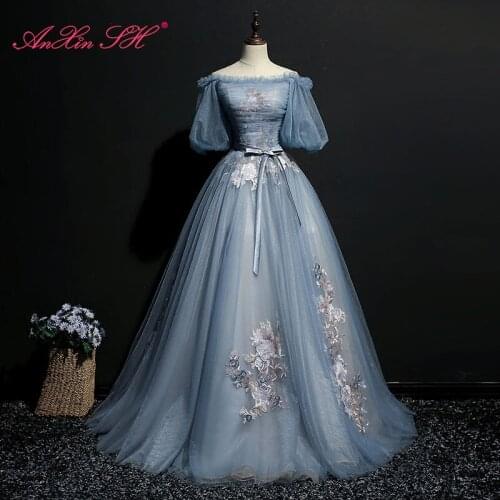 AnXin SH princess blue lace evening dress vintage boat neck embroidery flower puff sleeve bow ball gown lace up evening dress