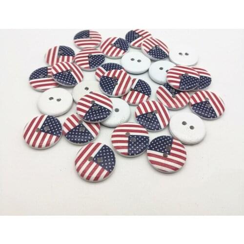 50pcs 20mm USA Flags Painted Wood Round Buttons2 Holes Sewing Accessories Scrapbooking Crafts DIY
