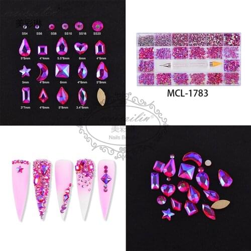 7580Pcs Mixed Shape AB Glass Crystal Diamond SS4-SS20 Flat Rhinestones Nail Art Decoration 21 Grid Box Manicure Accessories Set