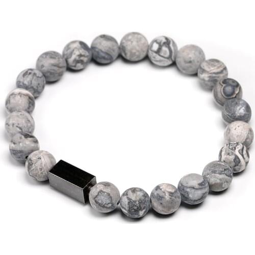 8MM Natural Matte Grey Map Stone With Tube stainless steel Bracelet For Women Men Healing Energy Stretch Beaded Bangle Jewelry