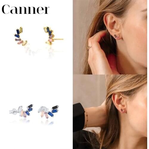Canner Boho 925 Sterling Silver Stud Earrings For Women Rectangle Zircon Earirngs Fine Jewelry Brincos Piercing pendientes W5