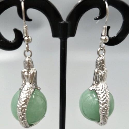 Free Shipping Women Fashion Jewelry 14mm Aventurine Mermaid Spherical Beads Dangle Earrings C5318