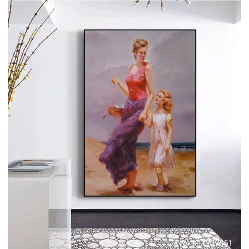 No frame impression figures mum and girl seascape canvas printings oil painting printed on cotton wall art decoration picture