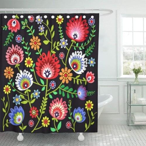 Floral Folk Pattern Flowers Polish Poland Branch Color Culture Shower Curtain Waterproof 60 x 72 Inches Set with Hooks