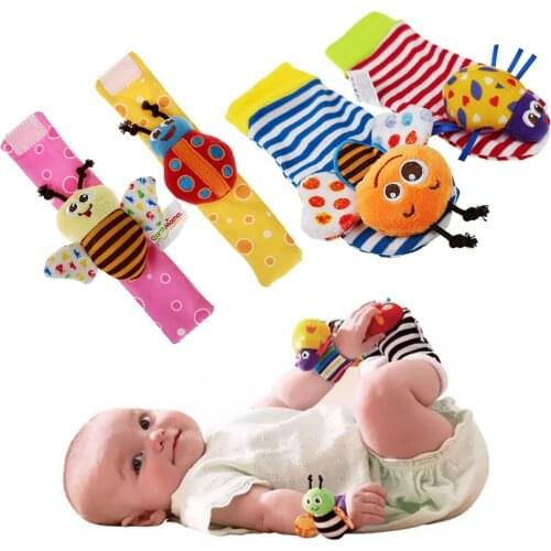 Newborn Cartoon Baby Wrist Strap Animal Socks with Bell Baby Watch Foot Socks Soft Rattle Early Education Toy Set Gift