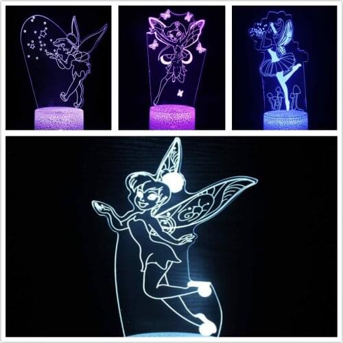 Disney Princess Fairy Tinker Bell 3D Lampara Cute Cartoon Led for Kids Bedroom Decor Night Lights Gift Visual Table Lighting Set