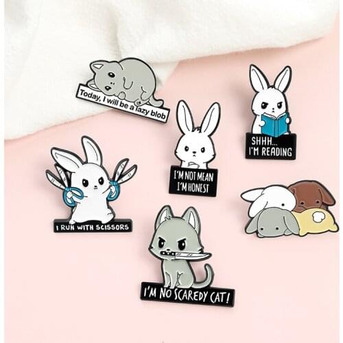 Bunny Enamel Lapel Pins Cats Metal Brooches Kitty Dagger Scissors Book Badges Hat Bag Backpack Accessories Jewelry Drop shipping