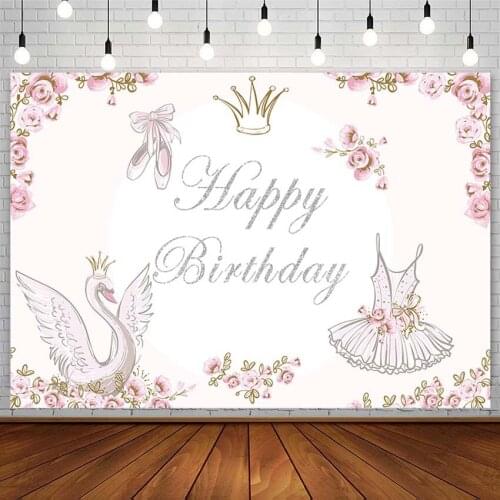 Swan Princess Backdrop Happy Birthday Silver Glitter Dress Ballet Shoe Pink Flower Photography Background Studio Photozone Props