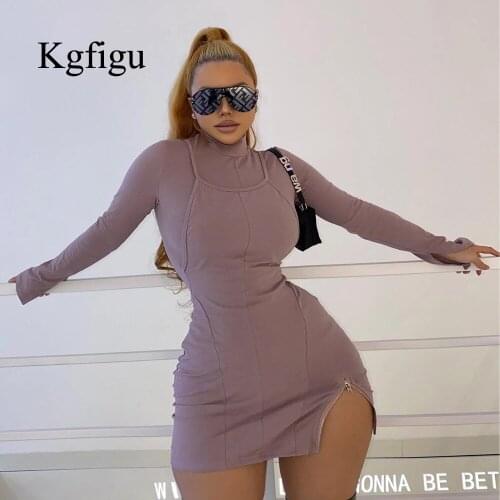 KGFIGU 2021 New Arrival Long Sleeve Party Vestidos High Waist Turtleneck Solid Color Clothes Fashion Zipper Dress For Women