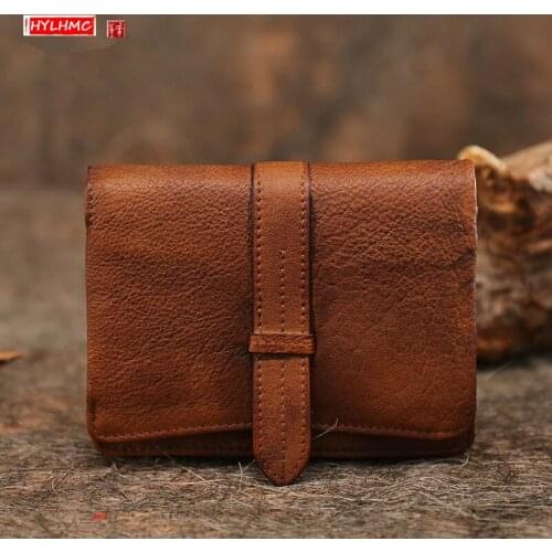 2021 New Genuine Leather Womens Short Wallet Thin Section Folding Handmade Purse Female Retro Simple Small Card Holder Wallets