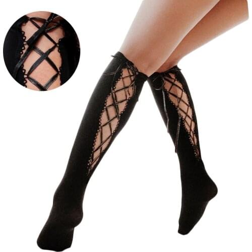 Fashionable Custom Women Black Sexy Uniform Tie Bandage Silk Fishnet Thigh High Tights Stocking