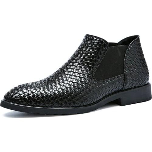 Men Chelsea Boots Classic Fashion Faux leather ankle Boots male Hand Knit Shoes Black Red Casual footwear Plus Size 38-48