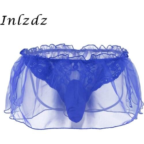 Mens Lingerie Sissy Panties Lace Flower Organza G-string Bikini Underwear with Bulge Pouch Open Butt Exotic Hot Sexy Gay Panties