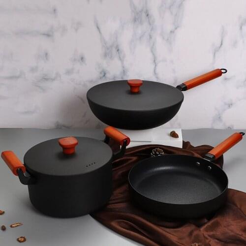 Old iron wok Chinese handmade cast iron wok set customized wok soup pan frying pan three-piece set kitchen pot