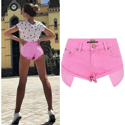 Sexy Casual Summer Pink Long Pockets Jeans Shorts Women Fashion Low Waist Tassel Ripped Denim Shorts New Solid Color Hot Shorts