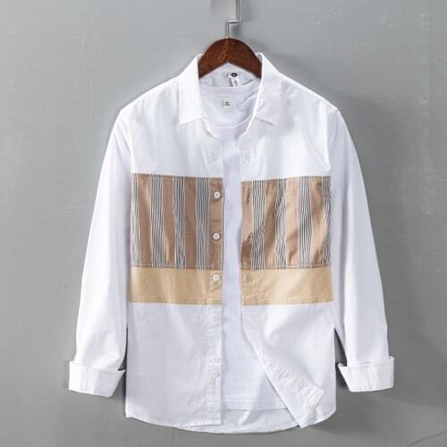 Striped Patchwork Long Sleeve Shirt for Men Cotton Turn-down Collar Tops Japanese Fashion Casual Hemp Male Clothing 2021 New