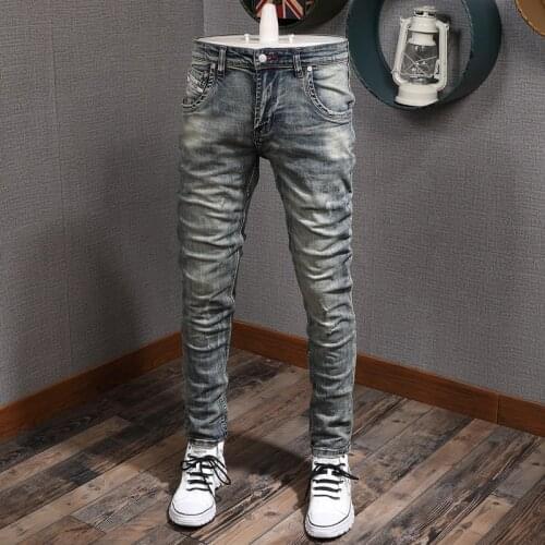 European American Vintage Fashion Men Jeans Retro Wash Elastic Cotton Slim Fit Ripped Jeans Men Distressed Designer Denim Pants