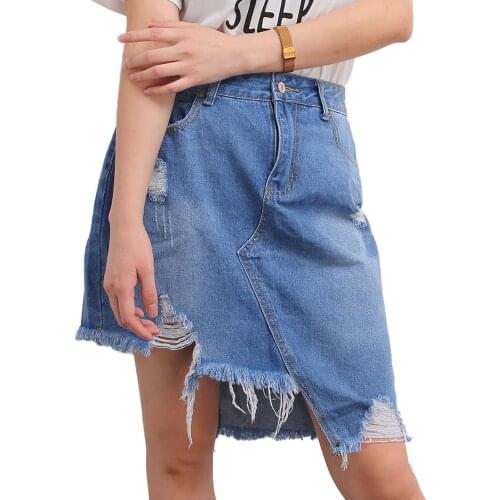 2020 Women Denim Mini Skirt Summer Fashion Sexy Slim High Waist Pencil Skirts Stretch Irregular Frayed Hem Jean Skirts Elegant