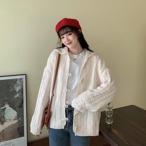 Women Cardigan Large Lapel Horn Buckle Sweater Loose Single Breasted Preppy Style Japanese High Street Jumper Casual Clothes