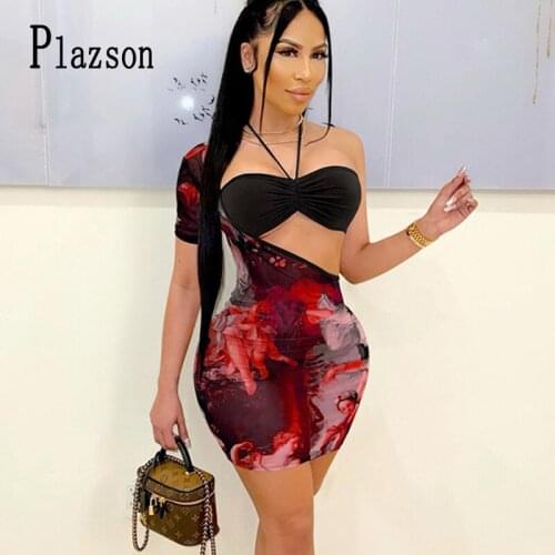 Plazson Two Pieces Set Print Women Summer Sexy Halter Neck Crop Top Bra + One Shoulder Mini Dress Matching Suit Night Clubwear