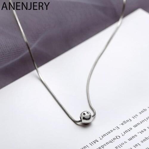 ANENJERY S925 Stamp Thai Silver Color Smiling Face Bead Snake Chains Necklace For Women choker collares S-N525