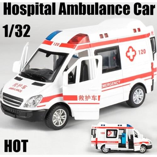 1:32 Diecast Hospital Ambulance Emergency Toy City Alloy Car Model Light Slide Open Door Ambulancia Educational Kids Toy Gifts