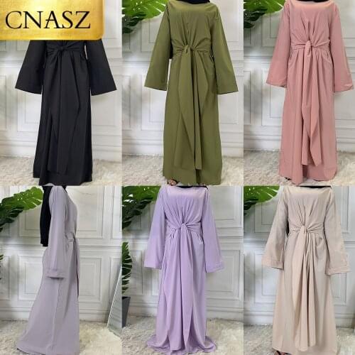 2021 Fashion Elegant Solid Color Multi Way Fashion Modest Clothing Black Long Dress With Wide Belt Tie Abaya Muslim Dresses