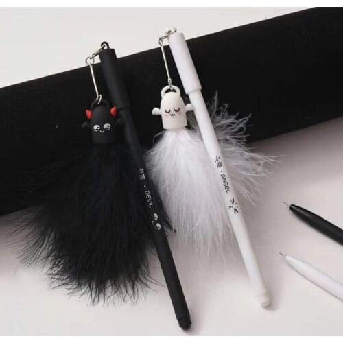 36PCS Cartoon Angel and Devil Feather Pendant Pen Students Black Gel Pen Stationery Kawaii School Supplies