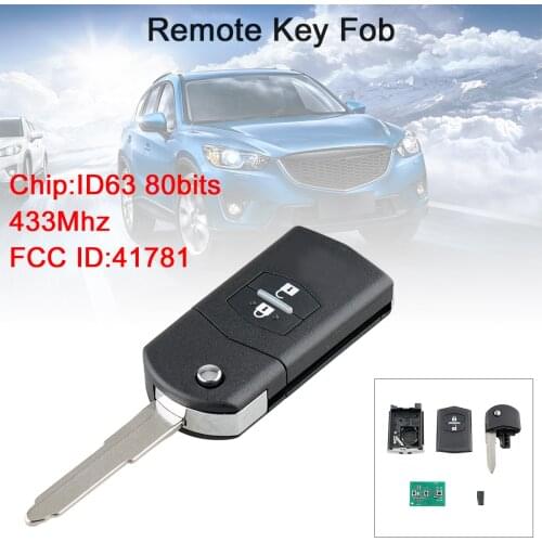 433Mhz 2 Buttons Flip Car Remote Key Keyless Entry with ID63 80Bit Chip 41781 Fit for Mazda 3/BT-50