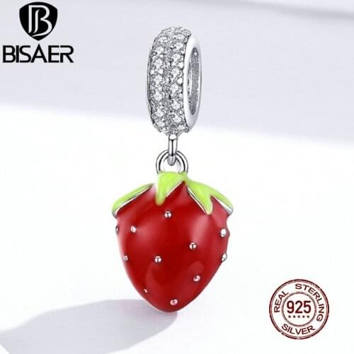 BISAER Red Strawberry Charms 925 Sterling Silver Suspension Bead Pendant Designer 925 Silver Charms For Bracelet 2020 ECC1537